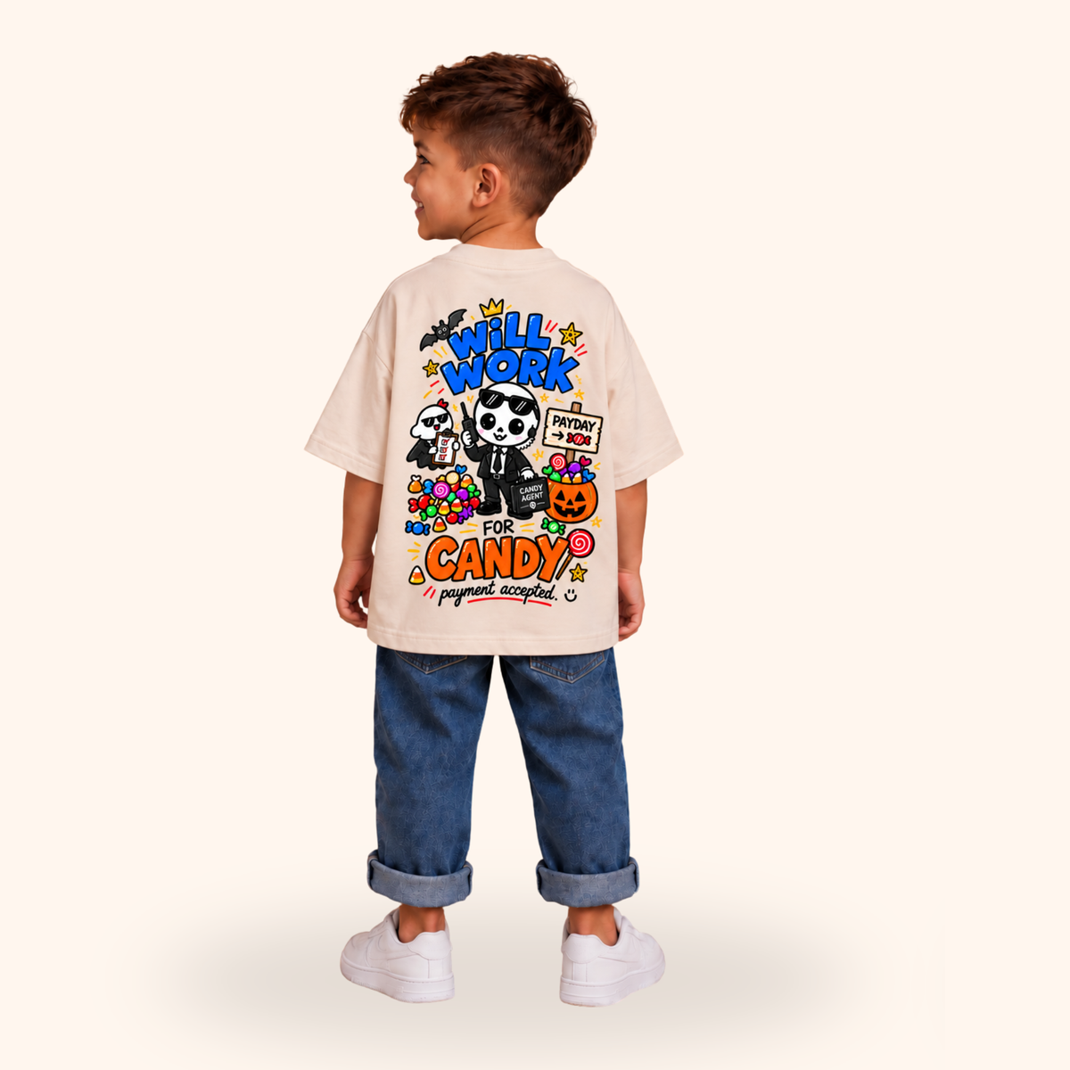 Will Work for Candy Oversized Halloween Unisex T-Shirt for Kids