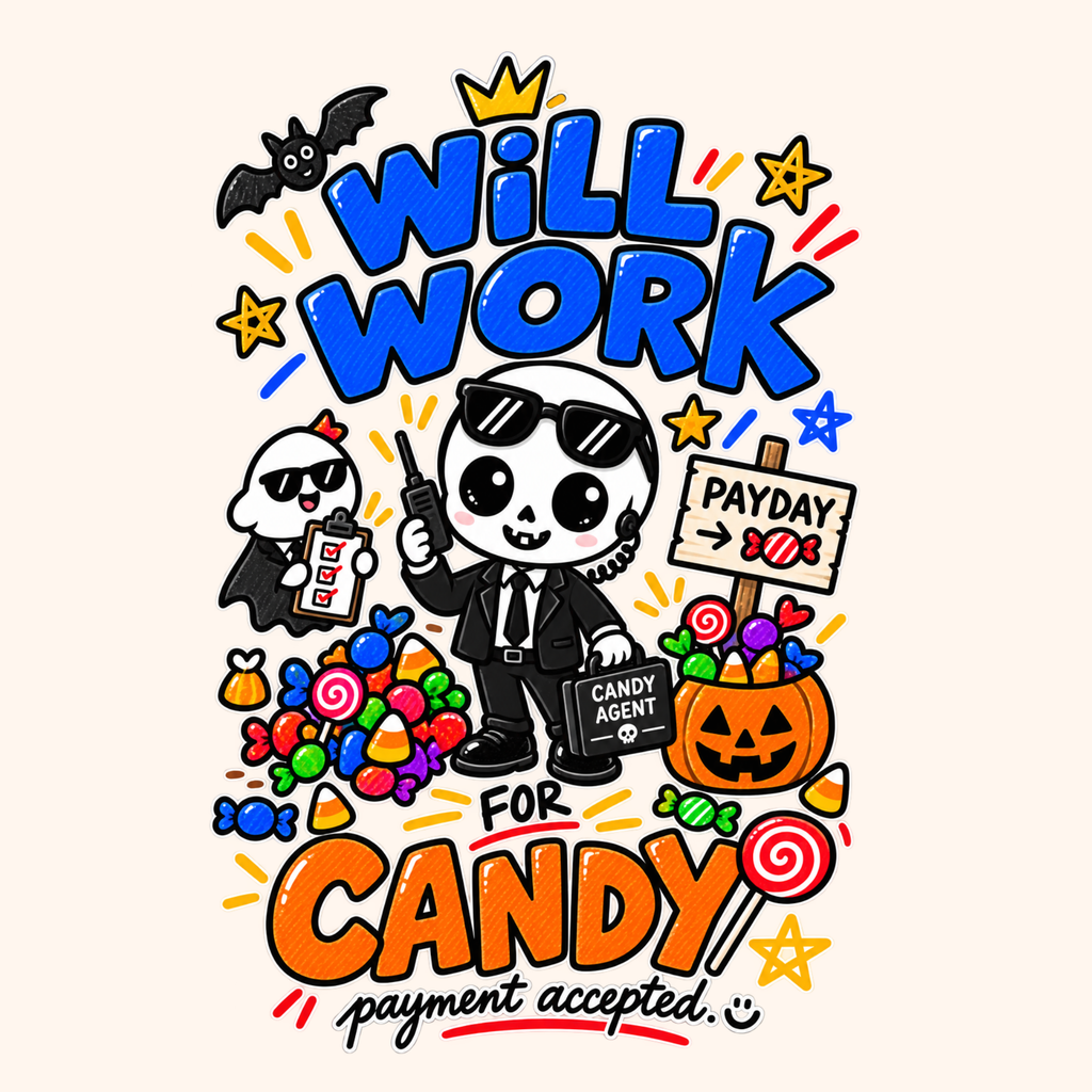 Will Work for Candy Oversized Halloween Unisex T-Shirt for Kids