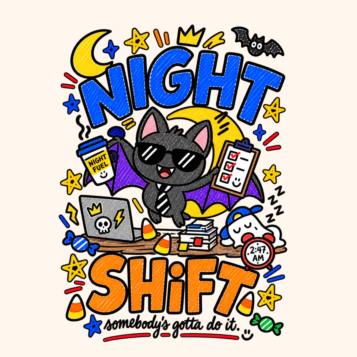 Night Shift Oversized Halloween Unisex T-Shirt for Kids
