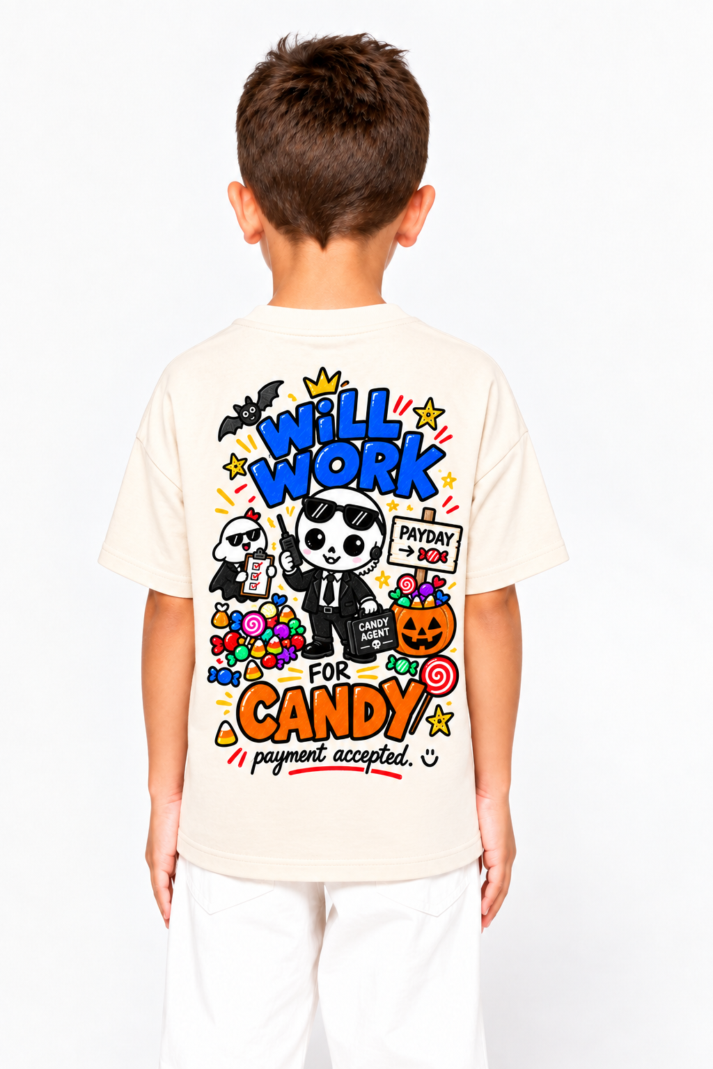 Will Work for Candy Oversized Halloween Unisex T-Shirt for Kids