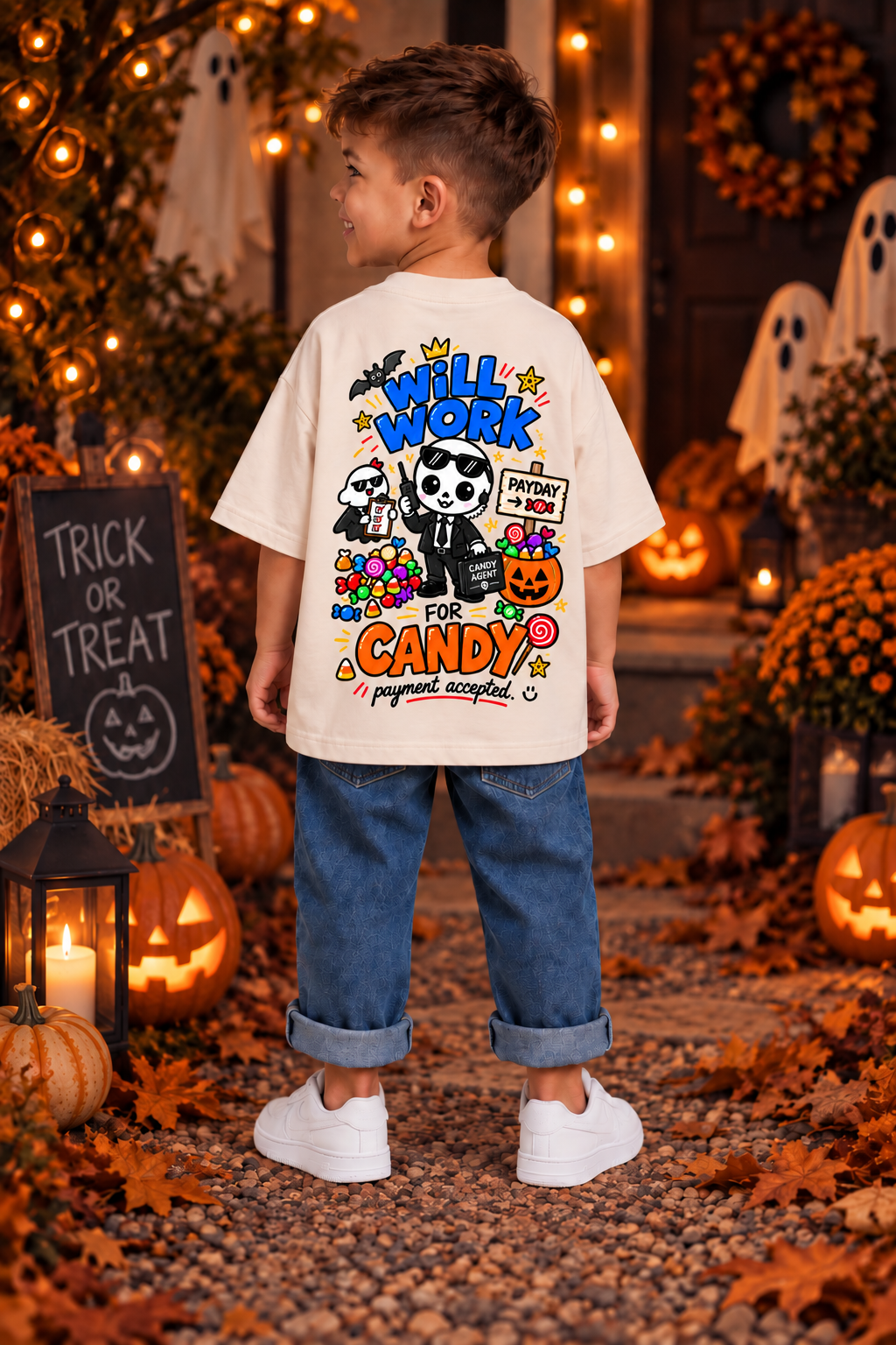 Will Work for Candy Oversized Halloween Unisex T-Shirt for Kids