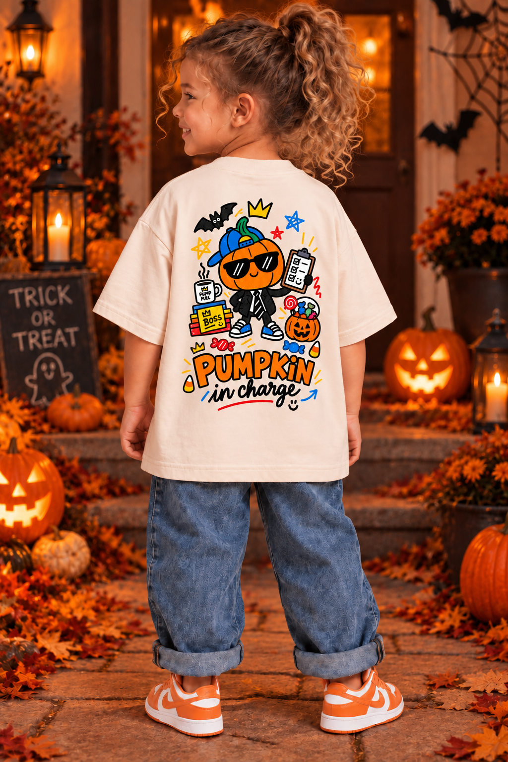 Pumpkin in charge Oversized Halloween Unisex T-Shirt for Kids